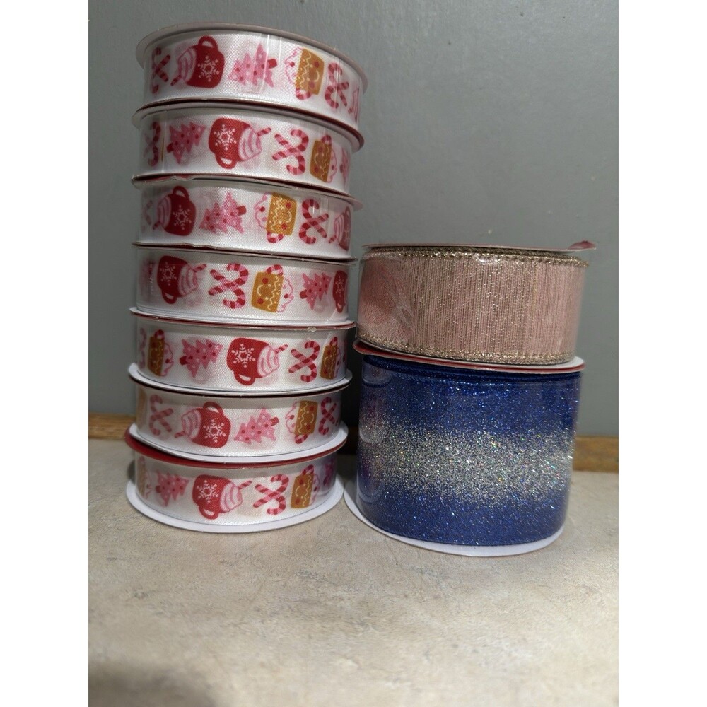 Lot 9 Rolls Various Sizes Gold Sparkle Square Net Wire Edge Christmas Ribbon